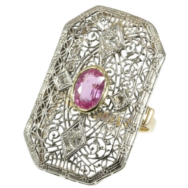 Antique ring Edwardian gold lace work with diamonds and pink sapphire